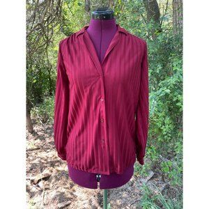 Vintage 1970s Womens Button Blouse Burgundy Red Striped